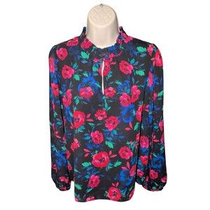 J. Crew Black Red Womens M Floral Boho Romantic Goth Lined Long Sleeve Blouse